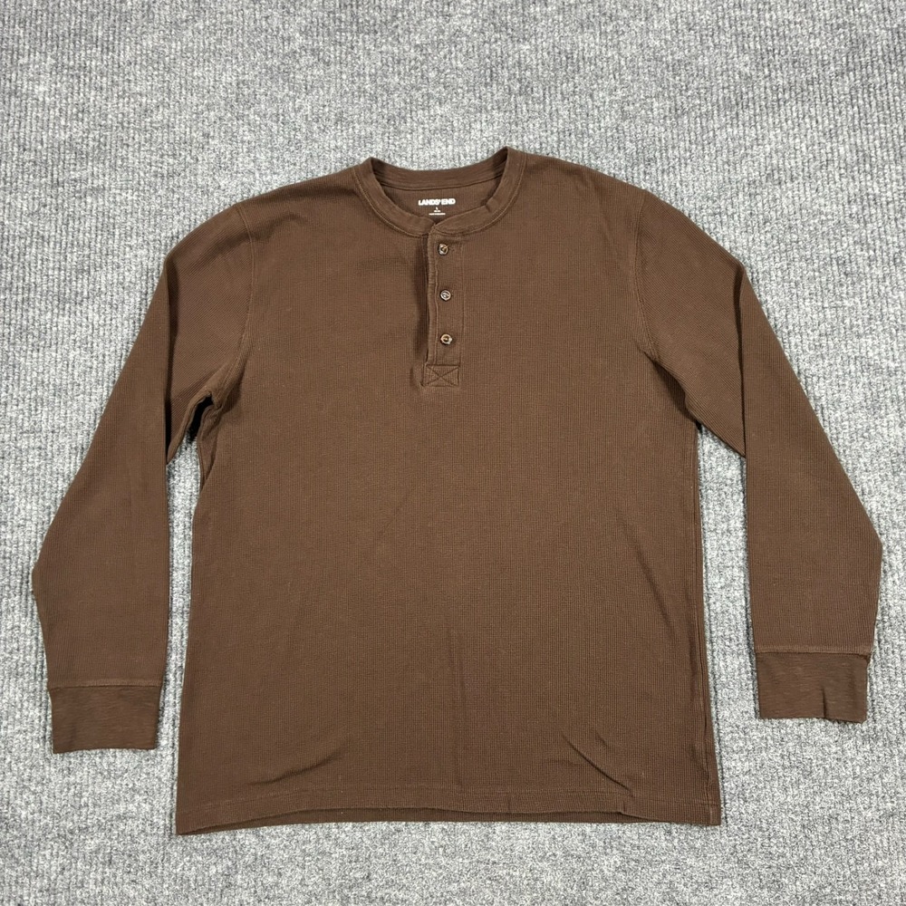 Lands' End Waffle Knit Thermal Henley Shirt Mens Large Brown Long Sleeve